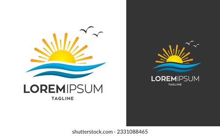 Sunrise con el símbolo del logotipo de olas oceánicas plantilla vectorial