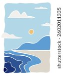Sunrise on beach landscape panorama hand draw. Beach and mountains organic lines matisse style, naive art, contemporary backgrounds vector illustration