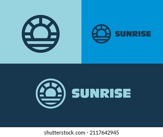 Sunrise on the beach logo. Sunset Bright vector logo in trendy style. Modern linear outline illustration. Usable for surfing, sports, clothing