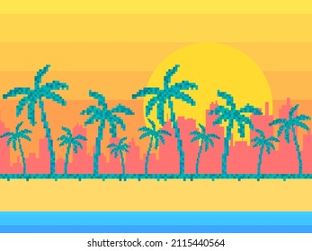 Sunrise on the beach with palm trees in 80s pixel art style. Miami sunrise, view of the city from the beach. 8-bit sun synthwave and retrowave. Retro 8-bit video game. Vector illustration
