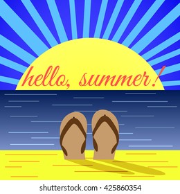 Sunrise on Beach and the Word "Hello Summer"