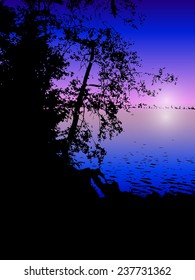 Sunrise on forest lake. Vector illustration.