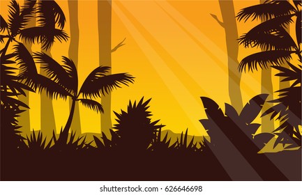 At sunrise on forest with tree silhouette