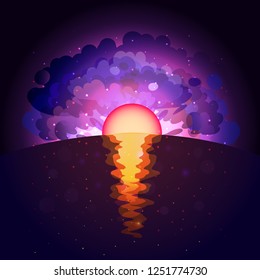 Sunrise on infinite space background. Sunset sea paper art style. Matrix of glowing stars with illusion of depth and perspective landscape. Abstract futuristic universe on dark violet background.