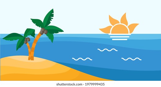 Sunrise on the island of palm trees beach holiday concept. Flat style illustration.
