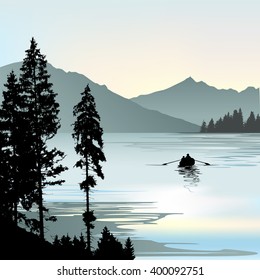 Sunrise on the lake during foggy day - vector illustration