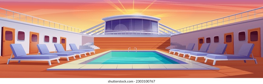 Sunrise on pool cruise ship deck with swimming pool interior cartoon illustration. Luxury summer yacht with lounge relax poolside and door. Orange sky in morning ocean vacation on marine transport