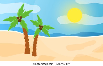 Sunrise on the seashore. Abstract view of the sandy beach with a palm tree, tropical resort vector illustration. Tropical beach with coconut trees on a hot sunny day. Exotic seascape, relaxation place