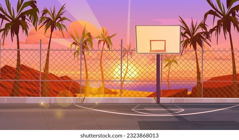 Sunrise on street basketball court near sea beach vector background. School playground stadium with fence in the morning on ocean shore. Empty tropic sport arena with palm tree and sunshine ray