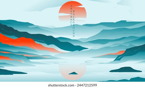 Sunrise over an abstract mountain landscape in an abstract oriental style
