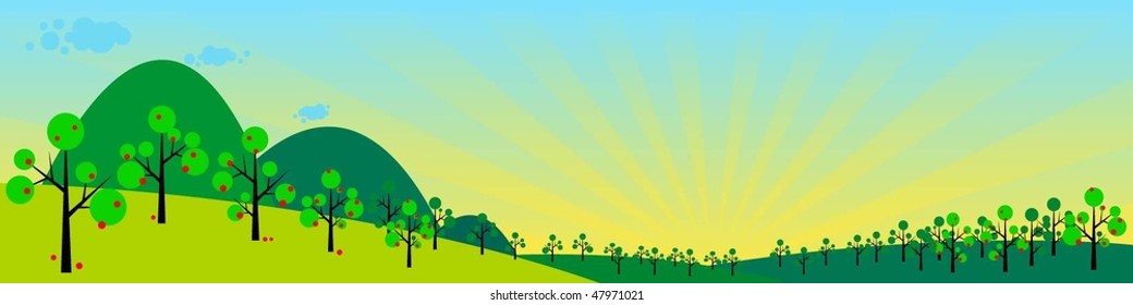 Sunrise over apple orchard (vector illustration)
