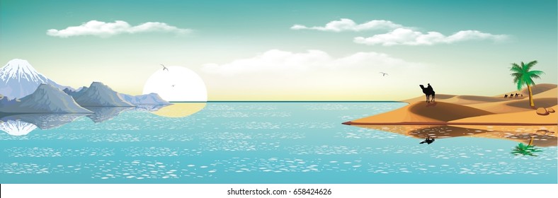 Sunrise over the Arabian coast. Landscape, panorama. Sand dunes, caravan of camels. The rocky shore. Vector illustration