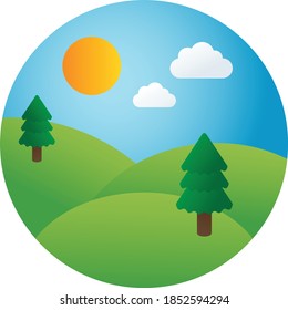 Sunrise Over Autumn Landscape Concept, Green Hills with Pine Tree and Sun Vector Icon Design,
