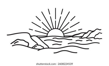 
Sunrise over the calm sea, with warm colors reflecting on the water's surface line art flat vector illustration