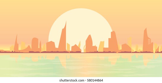 Sunrise over city silhouette overlooking beach, cityscape, clouds and ocean vector illustration
