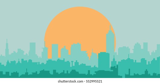 Sunrise over city silhouette
vector cityscape illustration