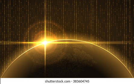 Sunrise over the Earth with circuit continents in cyberspace. Vector Background, EPS10.