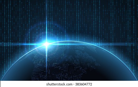 Sunrise over the Earth with circuit continents in cyberspace. Vector Background, EPS10.