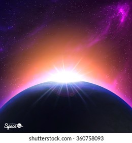 Sunrise over Earth-like planet. Colorful Space background. Vector illustration for your artwork.