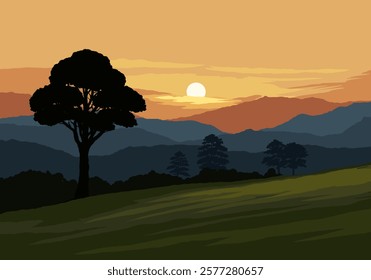 Sunrise over forest with meadow in foreground