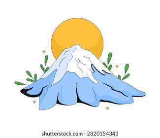Sunrise over Fuji mountain 2D vector illustration. Japanese iconic natural landmark. Snow-covered summit with stratovolcano flat object isolated on white background. Colorful cartoon image