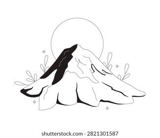 Sunrise over Fuji mountain flat line illustration. Japanese iconic natural landmark. Snow-covered summit with stratovolcano 2D outline object isolated. Black and white cartoon vector image