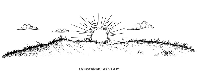 sunrise over grassy hill in hand-drawn line art style