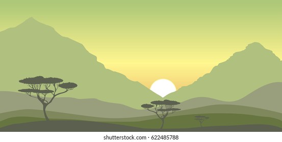 Sunrise  over hills and acacia trees, vector savanna landscape, nature illustration