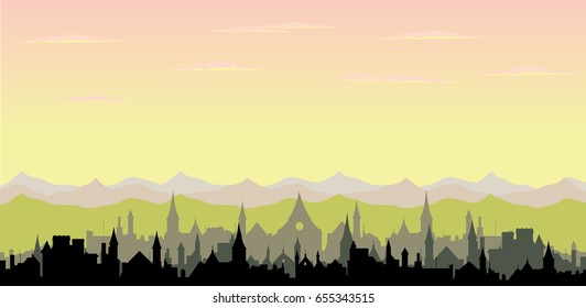 Sunrise over hills and old town silhouette
vector nature, countryside landscape illustration