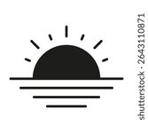 Sunrise Over Horizon Solid Icon. New Beginnings, Hope, And Renewal Silhouette Symbol. Morning Light And Fresh Start Representation. Isolated Vector Illustration.