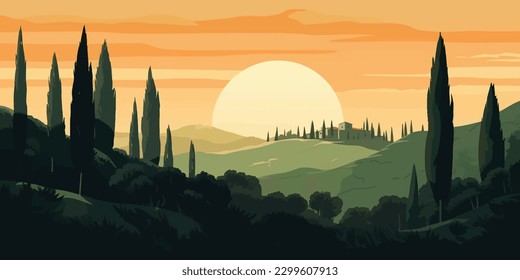 Sunrise Over Italian Hillside  Vector Landscape with Cypress and Pine Trees