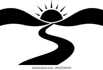 Sunrise over landscape hills vector icon with landscape