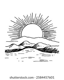 Sunrise over majestic mountains. Hand-drawn illustration