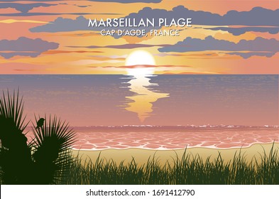 Sunrise over Marseillan Beach in the South of France between Sete and Cap D'Agde with sand dune Yukka plants and grasses in the foreground. The French title, 'Marseillan Plage' means Marseillan Beach