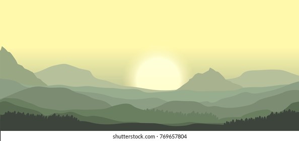 sunrise over misty mountain peaks vector landscape illustration