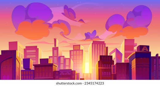 Sunrise over modern city downtown with skyscrapers. Vector cartoon illustration of early morning urban landscape, high-rise apartment houses and office buildings, pink sky with stars and purple clouds