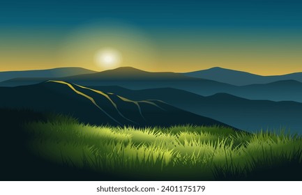 Sunrise over mountain with grass