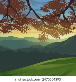 Sunrise over mountain with hanging tree branches. Vector landscape illustration