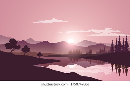 Sunrise over mountain with lake and trees