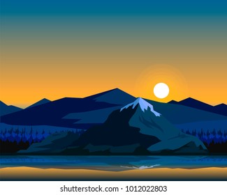 sunrise over the mountain landscape vector illustration. morning sky, pine forest and lake