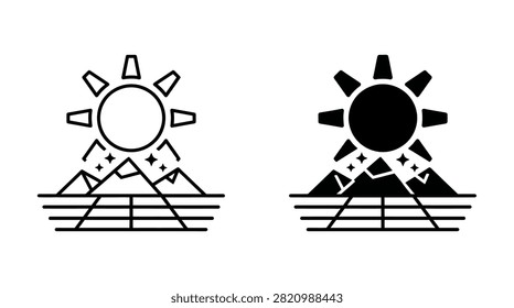 A sunrise over mountain peaks set, featuring a sun rising above a grid landscape, presented in both outline and solid black styles.
