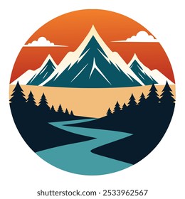 Sunrise over Mountain Peaks Silhouette en el arte retro del diseño de la camiseta de la ilustración del Arte vectorial del fondo de Antiguas.