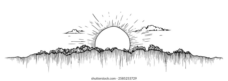sunrise over mountains with clouds and sun rays vector doodle black sketch illustration