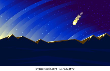 Amanecer sobre las montañas y cometa en el cielo. Paisaje nocturno de vector plano con cometa sobre el horizonte.