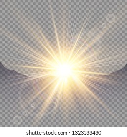 Sunrise over the mountains, dawn. Vector transparent sunlight. Special lens flare light effect.