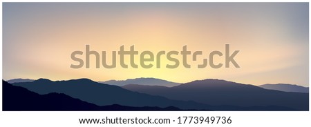 Sunrise over the mountains in the early morning, the first rays of the sun due to the silhouettes of the mountains. Panoramic landscape, vector illustration. 