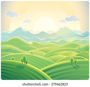 Sunrise over the mountains and hills, natural landscape.