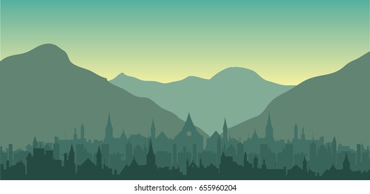 sunrise over mountains and old town silhouette
vector cityscape and nature illustration