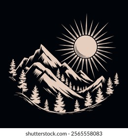 Sunrise over mountains panorama vector silhouette illustration. T-shirt design, mountain and pine trees. Vector illustration isolated on black background.