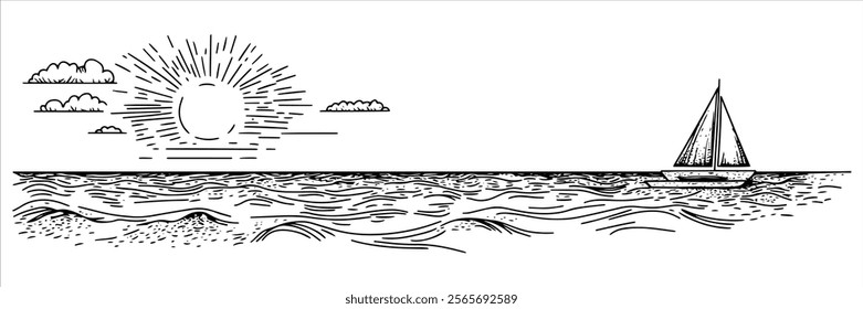 Sunrise over the ocean with a sailboat illustration